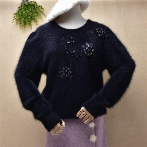 Ladies women vintage beaded flower angora rabbit hair knitted long sleeves loose pullover autumn winter jumper sweater pull tops