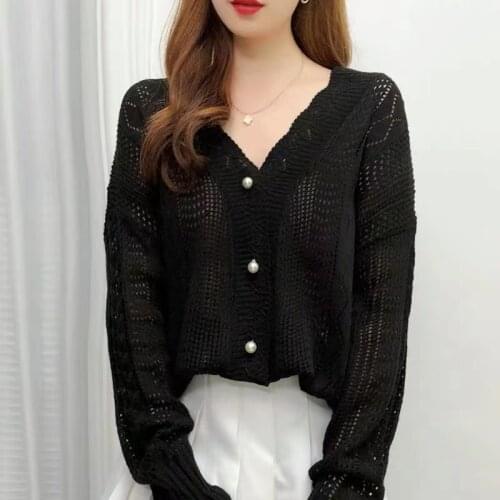 2021 Fashion Spring Hollow Out Knitted Loose Cardigan Women Thin Summer Outwear Female Mesh Knitwear Sweaters Ladies Plus Size