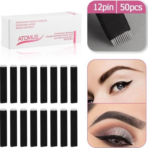 50pcs 14 flat 12pin Microblading Needles Tattoo Needles For Mermanent Makeup Eyebrow Pen Machine black Agulha
