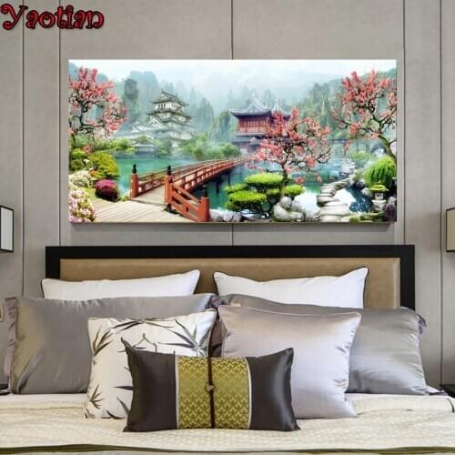 5D Diy Daimond Painting Lakeside Cherry blossom tree landscape 3D Diamond Painting Round Rhinestone full square Diamant Painting