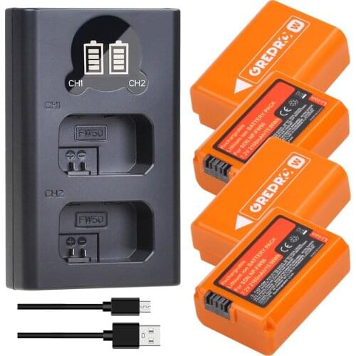 4Pcs 2160mAh NP-FW50 NP FW50 Rechargable Battery Akku + LCD Dual Charger for Sony Alpha a6500 a6300 a7 7R a7R a7R II a7II NEX-3