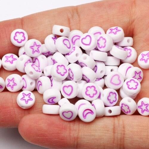 White Round 4x7mm Acrylic Beads Mixed With Purple Star/Heart/Moon Pattern Spacer Beads For Jewelry Making DIY Necklace Bracelet