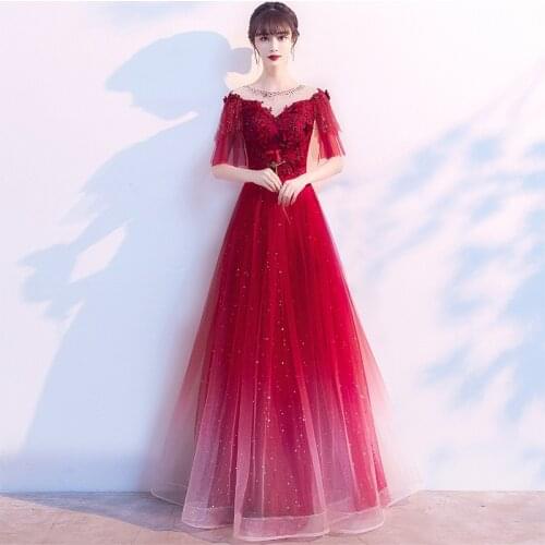 Burgundy A-Line Lace-up Evening Dress Exqusite Lace Appliques Sequins Bling Prom Gowns Toast Clothing Robe De Soiree