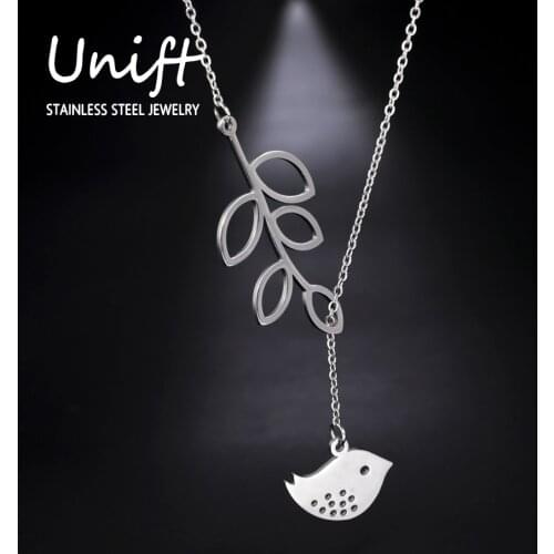 Unift Stainless Steel Leaf Long Chair Bird Pendant Necklace Animal Choker Peace & Love Trendy Romantic Jewelry for Women Girl