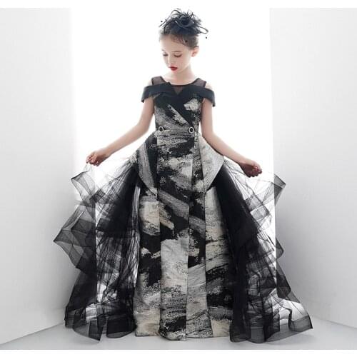 Flower Girl Dresses Illusion Short Sequined O-Neck Princess Floor-Length Luxury Black Lace Off The Shoulder Kids Party Gown H187