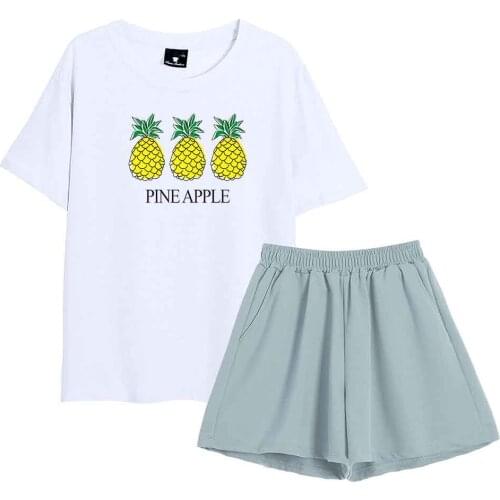 Pineapple Print T Shirt Kawaii Pajama Sleepwear Women Cotton Pajamas Nightwear Two Piece Set Summer Cloths Fashion Pants Sets