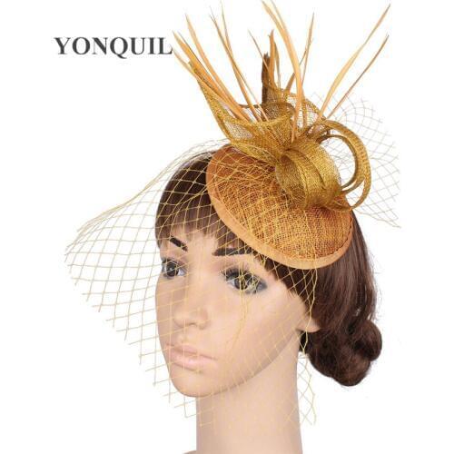 Gold Sinamay Base Fascinators With Wine Glass Shape Headwear Wedding Feather Hair Accessories Cocktail Hats New Arrival MYQ16001