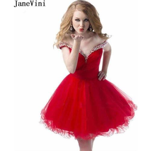 JaneVini Sexy Red Organza Homecoming Dresses A Line Off Shoulder Plus Size Evening Short Dress with Beaded Vestido Formal Corto
