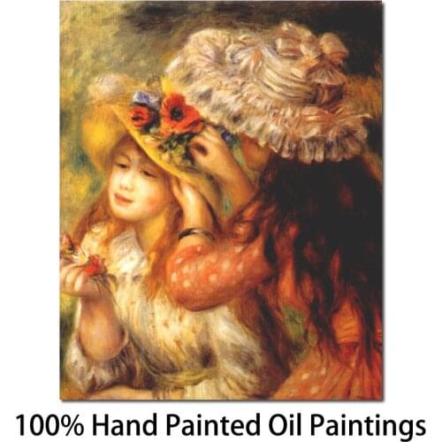 Art canvas reproductions Girls putting flowers on their hats-Pierre Auguste Renoir Handmade oil painting High quality