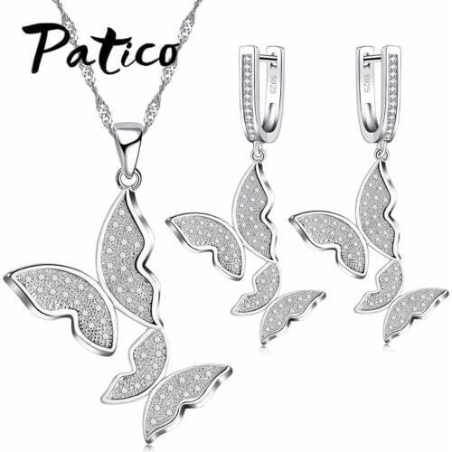 Fashion S925 Sterling Silver Wedding Jewelry Sets Necklaces&Pendants Butterfly Earrings White Zircon Party Gift For Girls