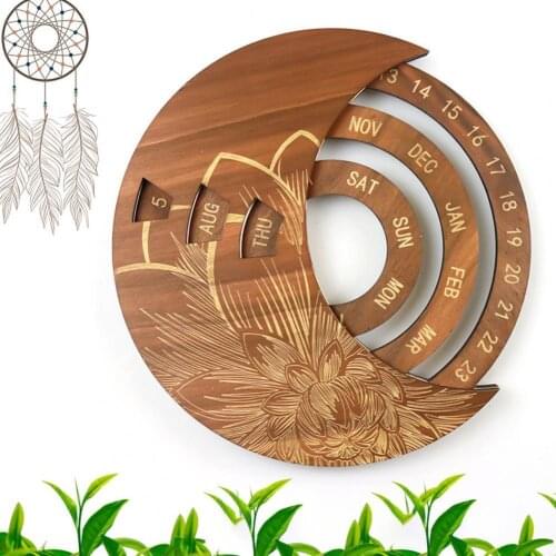 Creative Adjustable Hand-Carved Round English Wooden Perpetual Wall Calendar