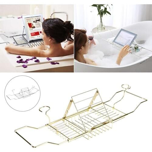 Stainless Steel Scalable Bathtub Tray Bath Tub Racks 2 Color Wine Book Holder Shower Organizer Bathtub Caddy Tray Bathroom Shelf