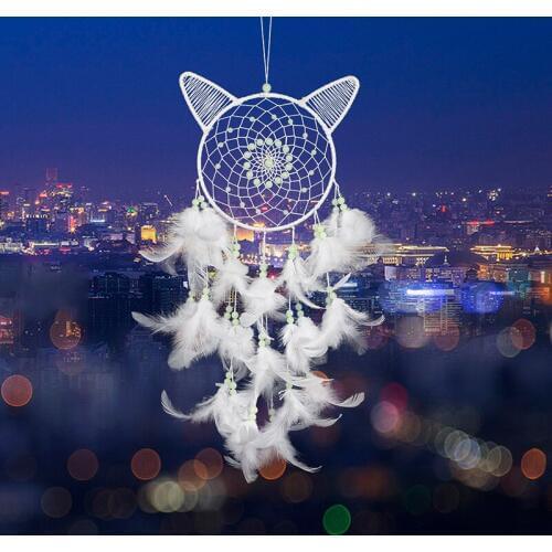 New Creative Cat Luminous Dream Catcher Fluorescent Pendant Home Wind Chime Feather Decoration Indoor Wall Hanging Dream Catcher