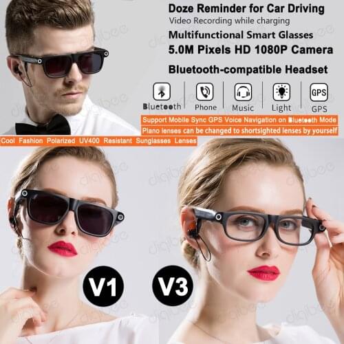 Bluetooth-enabled Headset HD1080P Mini Camera Glasses Video Recorder 8GB or 32GB Camcorder Sunglasses DVR Driver Doze Reminder