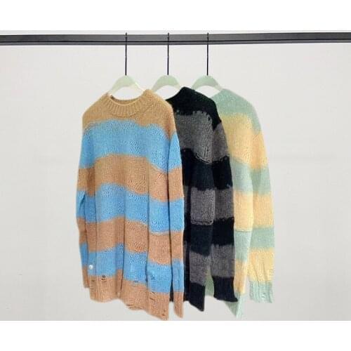 2021 Autumn Winter Womens Hole Stripes Knit Sweater Loose O-Neck New Ladies Long Sleeve Casual Knitwear Female Pullover Tops