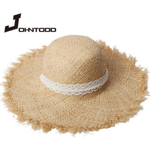 New Brand Women Straw Sun Hats Large Wide Brim Gilrs White Lace Ribbon Natural Raffia Panama Beach Straw Sun Caps for Holiday
