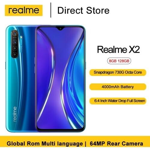 Realme X2 Cellphone 8GB 128GB 6.4'' 64MP Rear Camera Snapdragon 730G Octa Core 30W VOOC Fast Charger 4000mAh Mobile Phone