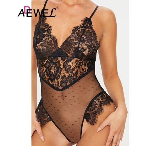 ADEWEL Sexy Black Lace Mesh Push Up Shoulder Strap Hollow Out Women Bodysuit Body Mujer Bodycon Body Feminino Neon Clothes L