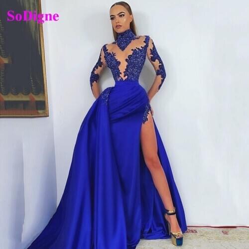 SoDigne Royal Blue Evening Dresses High Collar Long Sleeves Muslin Women Dress Lace Appliques Beads Side Split Party Gowns