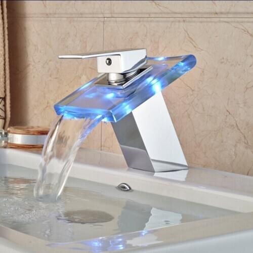 LED Basin Faucet Brass Waterfall Temperature Colors Change Bathroom Mixer Tap Deck Mounted Wash Sink Glass Taps Hot And Cold Tap