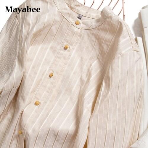 Heavy 100% Silk Striped Shirt Design Sense Versatile Long-Sleeved Woman 2021 Spring New