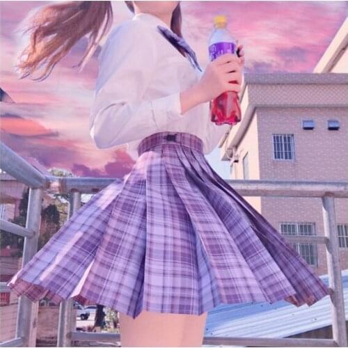 [Grape soda] Purple Plaid Skirts JK School Uniform Japanese Girls Summer High Waist Pleated Skirts Women Dress For Students Girl
