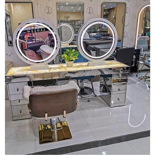 Hair salon mirror table double-sided LED light variable color mirror imitation marble tabletop stainless steel edging