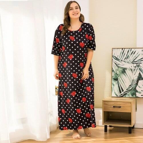 New 2021 summer plus size home wear long pajamas women large loose black dot print flower dress 4XL 5XL 6XL 7XL MH957