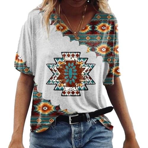 Women T-shirt Geometric Print V Neck Summer Short Sleeve All Match Top for Beach