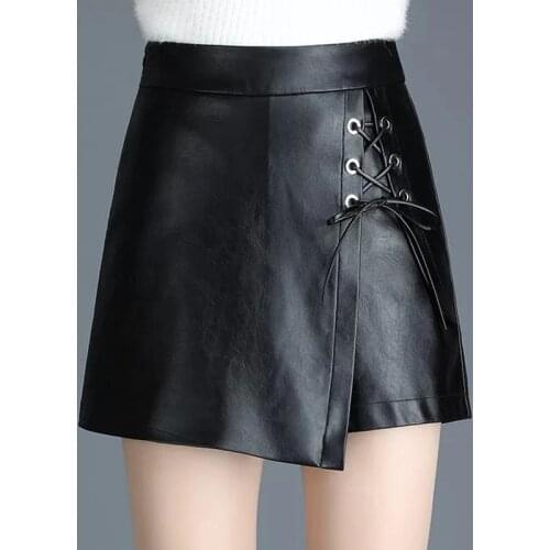 2018 Winter Fall Fashion Women Black Pu Leather 3xl 4xl Skirt Shorts , Korea Spring Autumn Casual Female Womans Lace Up Shorts
