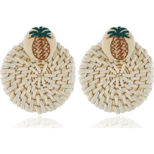 Handmade Pineapple Drop Earring for Women Wooden Straw Weave Rattan Knit Earrings Big Round Wedding Trendy Dangle Jewelry 2019