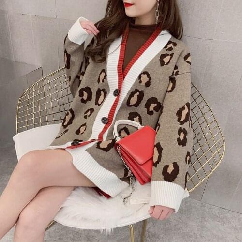 New Women Cardigan 2020 Autumn Winter Patchwork Leopard Korean Sweater V-neck Cardigan Knitted Coat Long Loose Casual Sweater