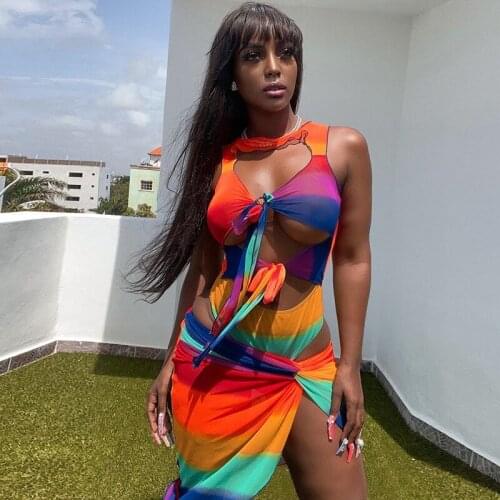 Women Summer Hollow Out Printed Bodysuit Mini Skirt Fashion Two Pieces Set Outfit Suit 2021 Female Clothing Streetwear