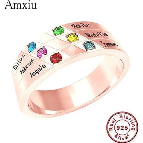 Amxiu Custom 100% 925 Silver Name Ring with Birthstones Jewelry Personalized Ring with Six Engraved Names Rings For Women Gift