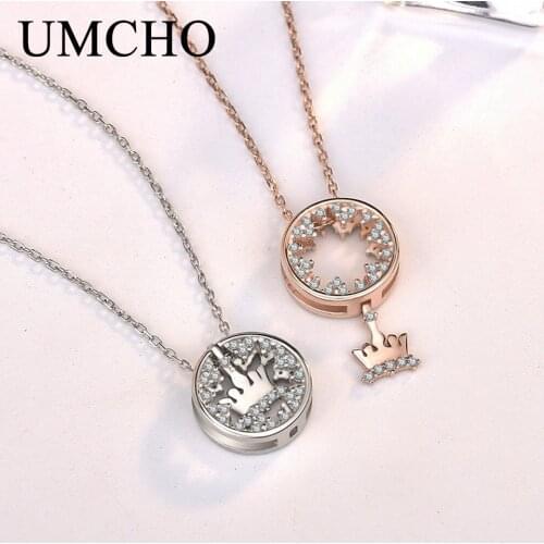 UMCHO Famous Crown Solid 925 Sterling Silver Pendant Necklace Zircon Necklace Romantic Wedding Gifts For Women Fine Jewelry