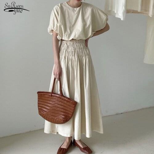 Solid Cotton Pleated Party Dress Fashion Women Summer Dress Casual Bubble Sleeves Office Lady Loose Long Dresses Vestido 13818