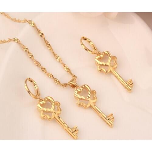 Gold Dubai India Bridal Jewelry Sets key Earring pendant necklace Jewelry Sets for Women girls wedding Christmas kids gift