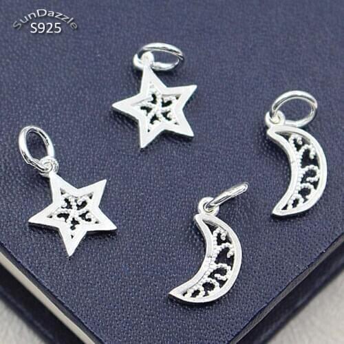 2pcs Genuine Real Pure Solid 925 Sterling Silver Star Moon Pendant Suspension Necklace Bracelet Jewelry Making Findings Charms