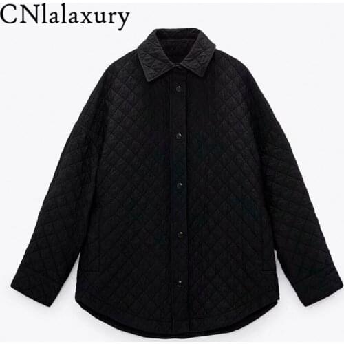 2021Spring Autumn Warm ZA Cotton Jacket Coat Women Vintage Plaid Outwear Female Oversize Black Overcoats Loose Parka Mujer veste