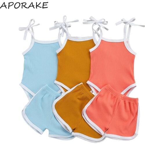 2021 0-18M Baby Contrast Color Clothes Baby Girls Boy Sleeveless Square Collar Sling Romper+Side Split Short Pants Summer 2pcs