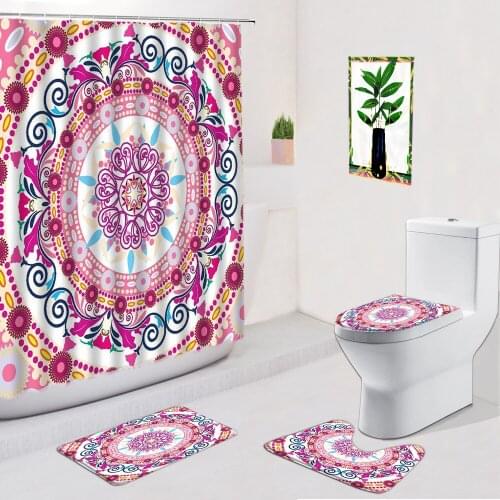 Exotic Flower Shower Curtains 4Pcs Set Bohemia Ethnic Style Creative Mandala Anti-Slip Bath Mat Toilet Bathroom Decor Carpet Rug