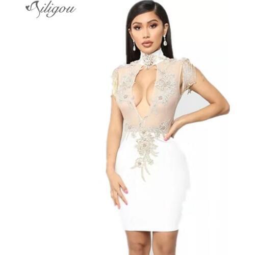 Ailigou 2020 Autumn New WomenS Sexy High Collar Sleeveless Hollow Tassel Dress Bandage Mini Vestidos Celebrity Party Dress