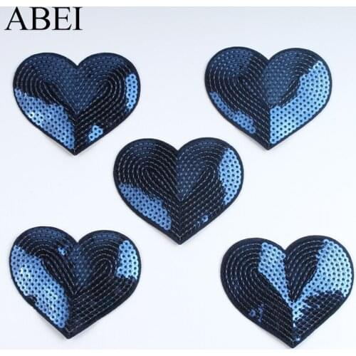 10pcs Embroidered Royal Blue Patches Iron On Sequined Heart Patch Glittle Fabric Appliques For Jeans Backpack Shoes Coats Pants
