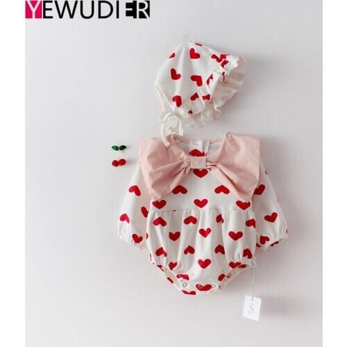 Cute Bowknot Kid Rompers Newborn Printing LOVE Romper Clothes Infant Cotton Long Sleeve Jumpsuits Toddler Clothing With One Hat