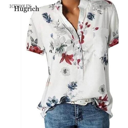 Elegant womens shirt printing large size casual shirt fashion V-neck short-sleeved shirt blouse