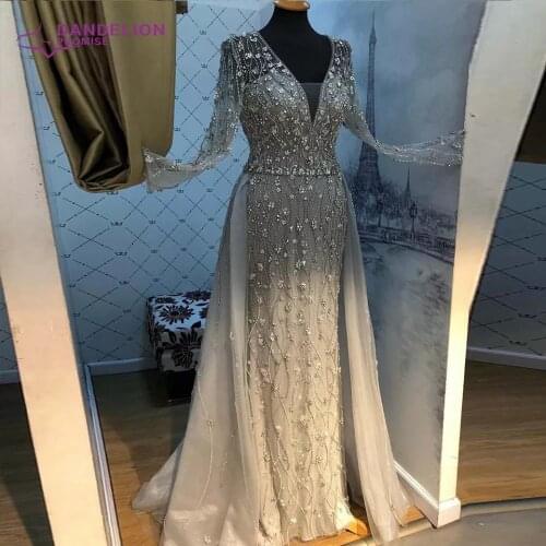 Elegant Evening Dresses 2020 V Neck Long Sleeves Tulle Crystal Beads Formal Dress Party Women Evening Gown Mermaid