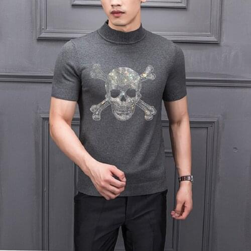 Classic Asian Design Skull Hot Rhinestone Breathable Fabric Knitted T-Shirt Mens Sweater Short Sleeve Brand