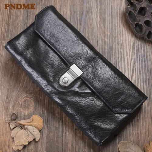 PNDME retro handmade genuine leather mens womens wallet designer luxury real cowhide card holder phone bag lock clutch purse