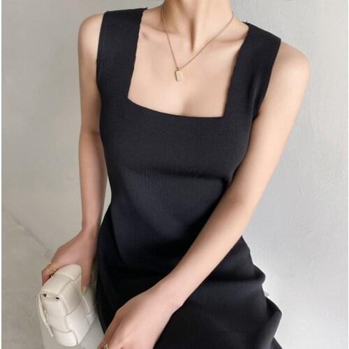 Moarcho Square Neck Sleeveless Mini Black Dress Women Summer Tight Simplicity Party Club Ladies Sling Dress 2021 New Arrival