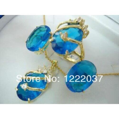 Charming Blue zircon pendant necklace earring ring set